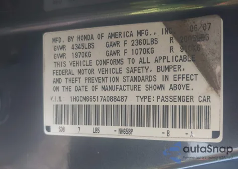 2007 Honda Accord Ex из США, поврежденный, VIN 1HGCM66517A088487